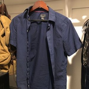 Blue button down white dots